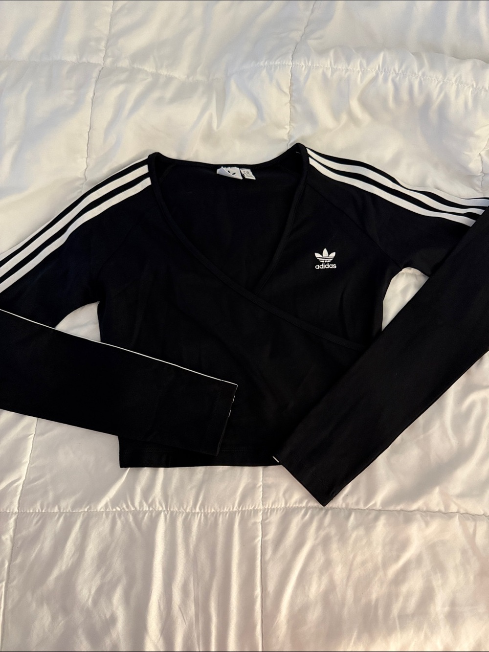 adidas Black Long-Sleeve Wrap Crop Top with White Stripes
